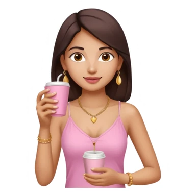 a pretty fair indian bratz girl with a pink cami top, drinking takeaway brown coffee, golden dainty necklace and carrying a white bag sticker