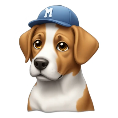 Dog with cap where is red letter M sticker