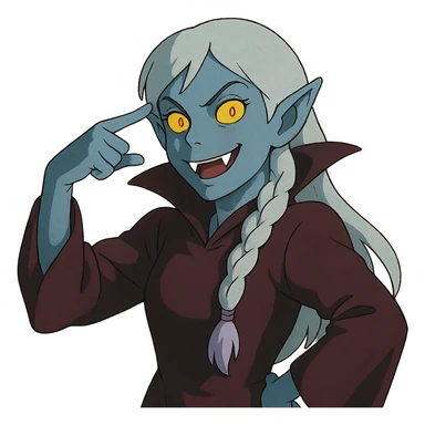 1 female, single long white braid with lavender tips. Vampire with blue skin and glowing gold yellow eyes. Meme pose sticker