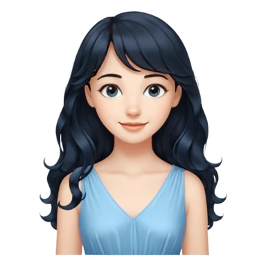 Cewe Romantis Kulit putih glowing, rambut hitam panjang bergelombang natural, poni see-through tipis. Pakai dress biru pastel terang senyum lembut sambil lihat ke samping. sticker