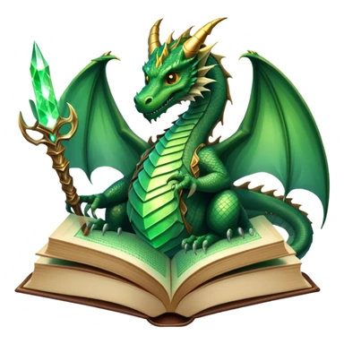 Icon for Fantasy and Sci-Fi Literature: a magical book with glowing pages, surrounded by a dragon, a spaceship, and a wizard with a staff. The icon should capture the adventurous and imaginative world of fantasy and science fiction. Transparent background. sticker