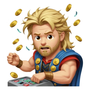 disheveled Thor losing money at a slot machine, panicked face, coins flying sticker