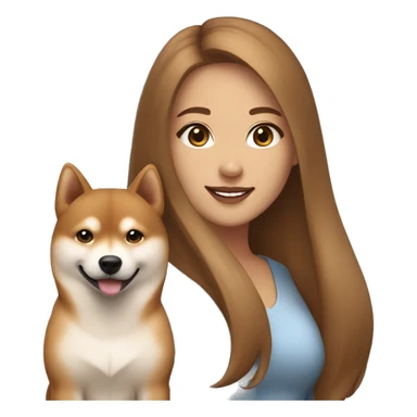 beautiful woman, straight long light brown hair, brown eyes smiling with dog Shiba Inu sticker