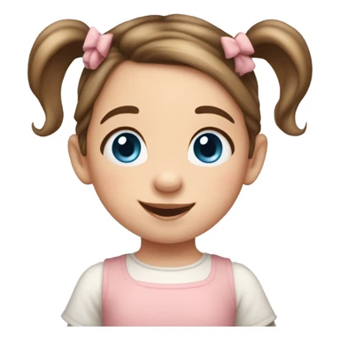 A toddler girl with 2 tiny pig tails on top of her hair with tiny bows, fair skin, blue eyes, brown hair, smiling, wearing a pastel shirt sticker