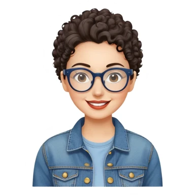 Mujer caucasian, cara redonda, gafas grandes rectangulares, cejas delgadas, pelo oscuro rizado recogido. Sonrisa amplia, expresión feliz. Chaqueta de mahón. sticker