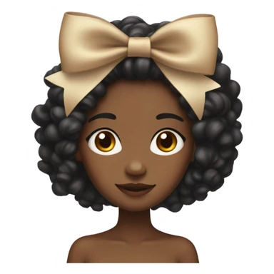 A brown skin girl with long curly black hair at the shoulders with a coquette bow sticker