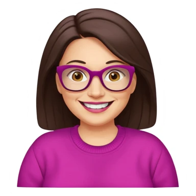50 yr Caucasian woman, long dark brown hair parted on side, brown eyes, brown glasses, big smile, white teeth, fuscia sweater, chubby,  sticker