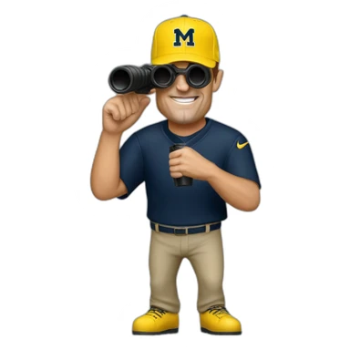 jim harbaugh with binoculars michigan sticker