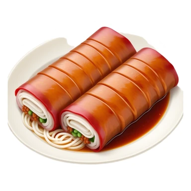 BBQ pork rice noodle roll Char Siu Cheung Fun with reddish meat filling, simplified emoji style with bold outlines and bright colors, cartoon style Guangdong breakfast favorite sticker