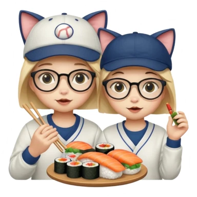 cute girl cat wearing glasses and a cute boy cat wearing a baseball cap eating sushi together sticker