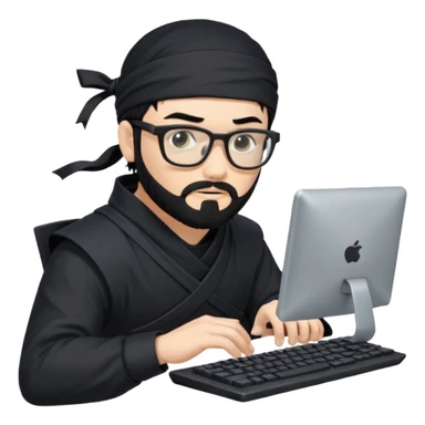 Man with black hair and beard wearing glasses in a ninja costume typing on a computer keyboard sticker