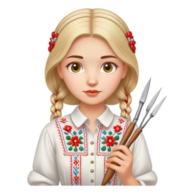 Ukrainian young girl in white embroidered traditional shirt holding needlework tools sticker