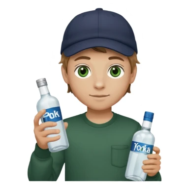 garçon avec yeux vert foncé qui a une puff 16k jnr à l’un main et une bouteille de vodka à la main avec une coupe casquette et les cheveux chatin clair  sticker
