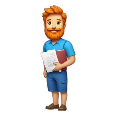 Man with large orange beard wearing red shorts blue shirt and holding stack of documents sticker