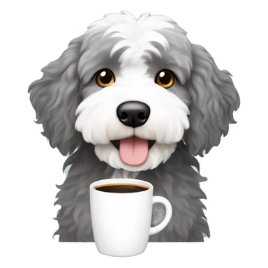 Gray and white Aussiedoodle holding hot coffee sticker