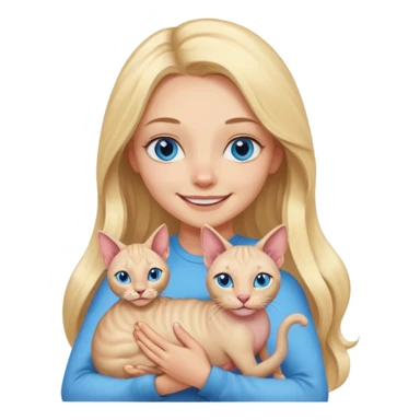 blonde girl with long hair and blue eyes smiling with a sphynx cat in her arms, emoji style sticker