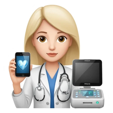 Cardiac sonographer with Philips ultrasound machine sticker