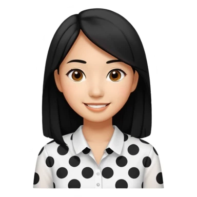 20 yr old asian woman hair  center part big eyes big smile tanned skin straight black hair hippie part hair white blouse with black dots sticker