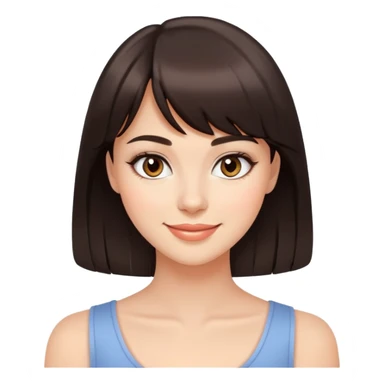 Attractive young woman with dark brown bangs and subtle makeup, confident smile sticker