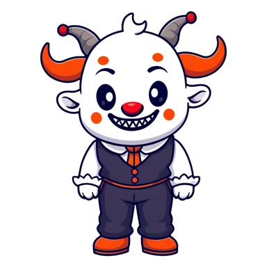 full-body demonic clown in black and white leisure suit with bellbottom pants, bald, black ram horns, flashy black and white belt, ruffled white shirt, no neck tie, large fangs, cartoon sticker style sticker