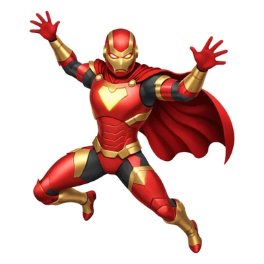 "A high-quality die-cut sticker of a tech-based armored superhero in a dynamic flying pose. Vibrant red and gold metallic plating, glowing circular chest piece, thick white border, flat vector art style, white background." sticker