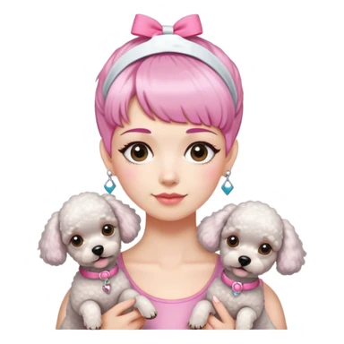 short pixie bangs platinated woman pink hair band，fair-skinned ,no earringsholding two poodles sticker
