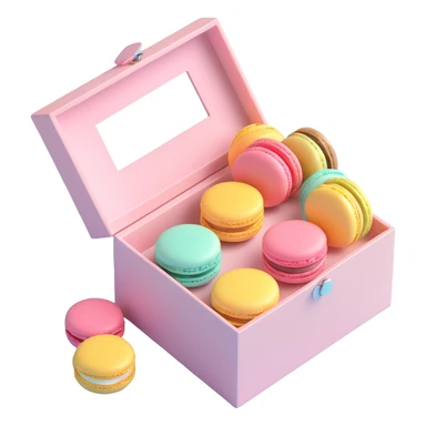 luxury box of macarons, metallic accents, pastel colors, soft reflections, elegant and modern look, iOS 3D emoji style sticker