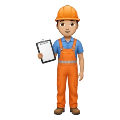 Indian male railway engineer orange overalls, boots holding a clipboard back of head sticker