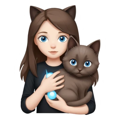 Girl with blue eyes and long brown hair and black shirt, holding a fluffy light grey cat with fold ears sticker