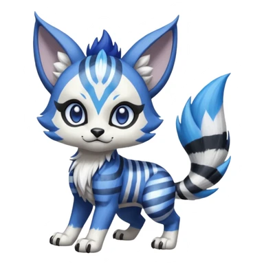 Black and white-striped Colorful Skilled Adept Graceful Asian Painted WereGarurumon-Meloetta-Obstagoon-Furret-fusion-hybrid-creature (full body) with cobalt-sapphire-blue rings around eyes, tufted lynx ears sticker