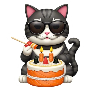 cool cat wearing sunglasses eating a birthday cake made out of sushi sticker