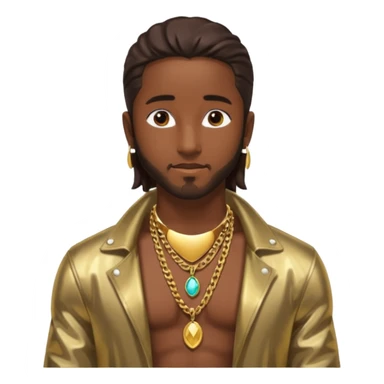 Omarion with long dark brown hair, shirtless with necklace, metallic bronze jacket sticker