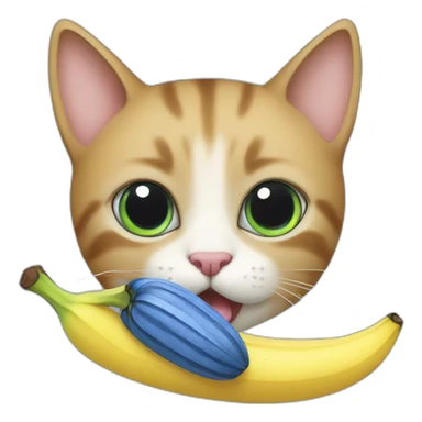 A cat eating a blue banana sticker