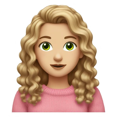 White girl with brown long curled hair and green eyes and a pink sweater sticker