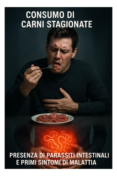 vertical realistic cinematic image of a man eating sliced cured meats, with a transition showing the appearance of intestinal parasites and early symptoms of illness, clinical dramatic lighting, Italian captions, aspect ratio 2:3 sticker
