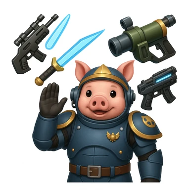 Add more sci-fi weapons to the pig Helldiver, such as futuristic rifles, energy swords, or grenade launchers, in the style of emoji (apple style emojis). sticker