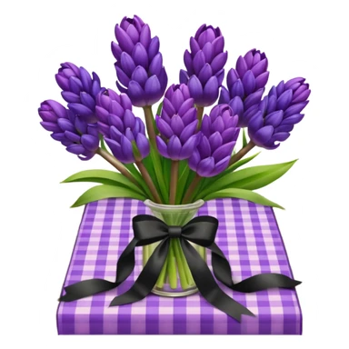 A lush bouquet of bright prple color Hyacinths black satin ribbon, resting on an antique wooden table, with a pale yellow and pink plaid pattern table cloth sticker