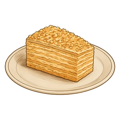 Используя такую стилистику сгенерируй тарелку, на которой лежит кусок торта Наполеон, прозрачный фон sticker