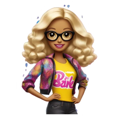 An image of a Barbie doll wearing a stylish outfit with the word 'Barbie' written across the clothing, set in a fun, vibrant background sticker
