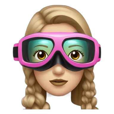 woman large light brown and straight hair, black and pink diving mask with a single crystal, tourquese eyes, scubadiving gear sticker