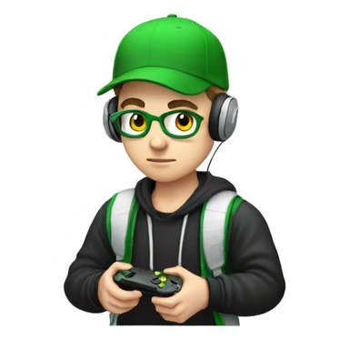 White boy gamer wearing air-pods, wearing a green hat sticker