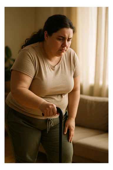 Donna con problemi difficoltà  nella mobilità a causa della sua PCOS, immagine realistica sticker