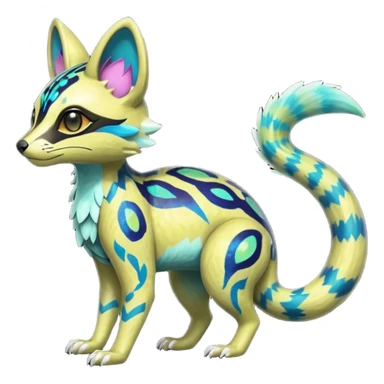 Rare realistic neon-colored iridescent shiny warm-colored lush tropical exotic cute epic pretty beautiful handsome gorgeous aesthetic colorful vibrant Vernid-Protogen-Primagen-Wickerbeast-Genet-Trico-species-Fakemon-hybrid-creature by LiLaiRa, beautiful intricate markings, full body sticker