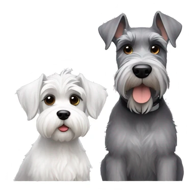 A young big gray schnauzer with dark eyes next to a small all white puppy schnauzer sticker
