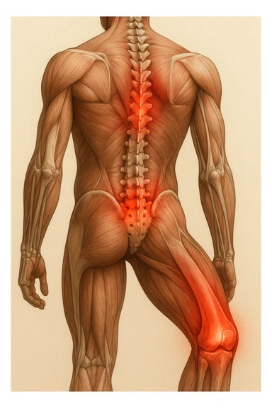 corpo umano anatomico con mal di schiena e al ginocchio, iperrealistico 4k sticker