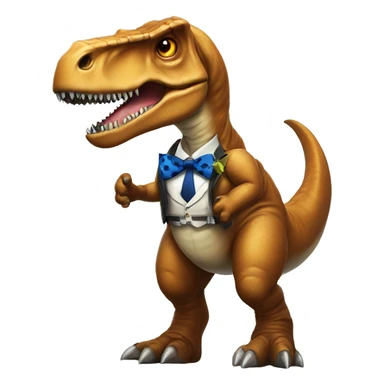 A giant T. rex dawning tactical gear and a bow tie sticker