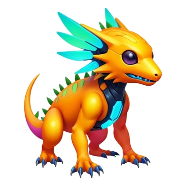 Tropical futuristic lush warm-colored modern colorful neon-colored cyber-Fakémon-Digimon-Trico-creature sticker