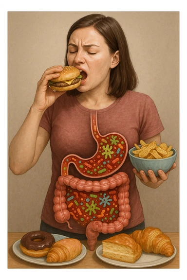 donna con batteri cattivi pieni nel suo intestino immagini realistiche mangia alimentazione ricca di glutine e zuccheri alimentando tutti i batteri cattivi sticker