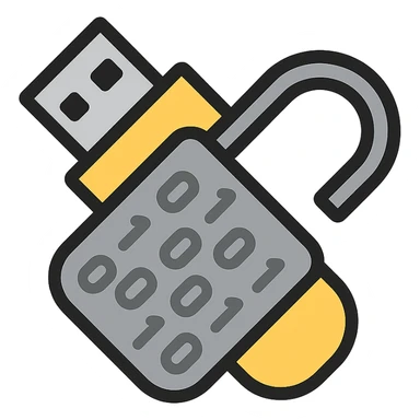 USB drive tilted down-left merged with the body of a broken lock forming a single transparent object in gray and black tones, with clear gray 1s and 0s inside the merged shape sticker