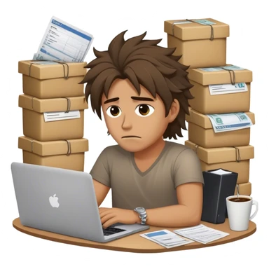 Create an emoji of an exhausted entrepreneur chained to their laptop, with stacks of invoices around them. They have tired eyes, messy hair, and a cold coffee next to them, symbolizing endless work without real progress. sticker